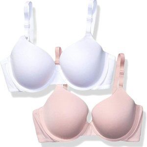 FRUIT OF THE LOOM 2PK UNDERWIRE T-SHIRT BRAS White/Blush Rose Stretch 38DDD NEW…